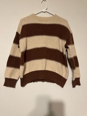 SHEIN Brown and Cream Striped Crewneck Sweater